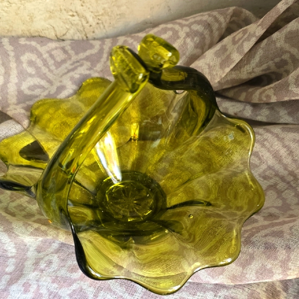 MCM 60s Art Glass Basket Bowl Olive Green Vintage